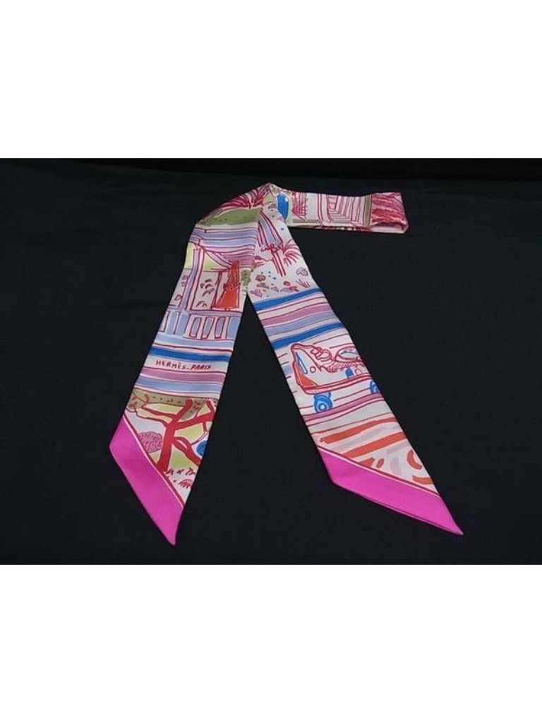 Hermes Reil Dete Twilly Silk Ribbon Scarf Pink Multicolor